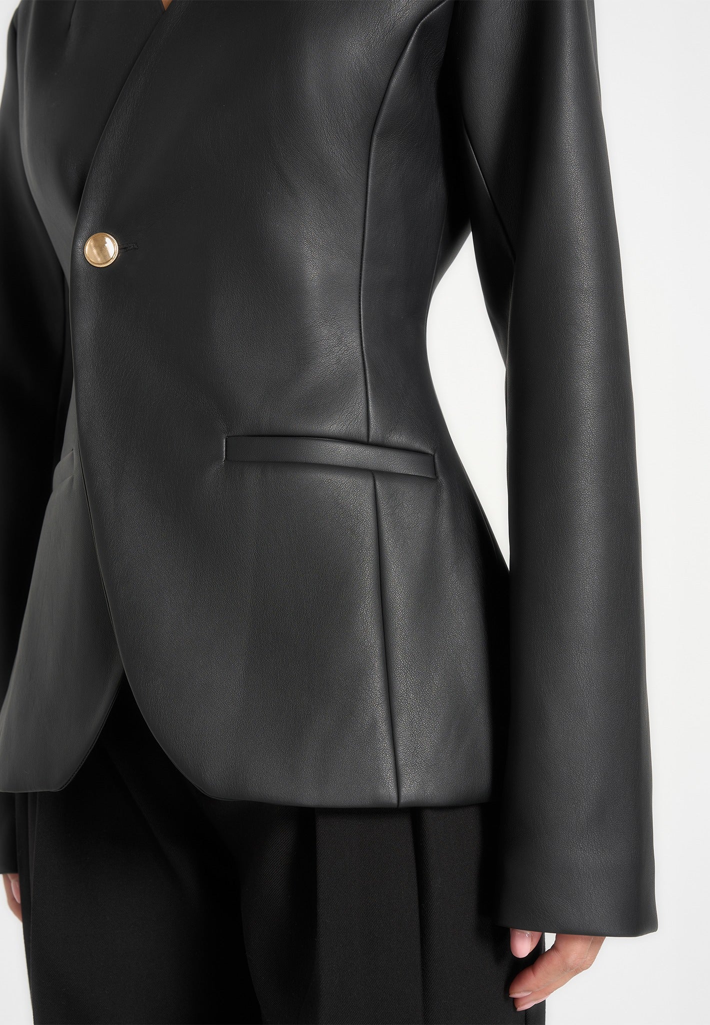 Ina - Leather Cinched Waist Kimono Blazer - Black