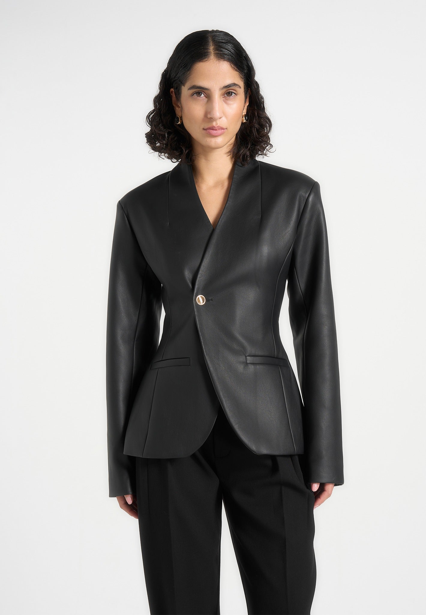 Ina - Leather Cinched Waist Kimono Blazer - Black