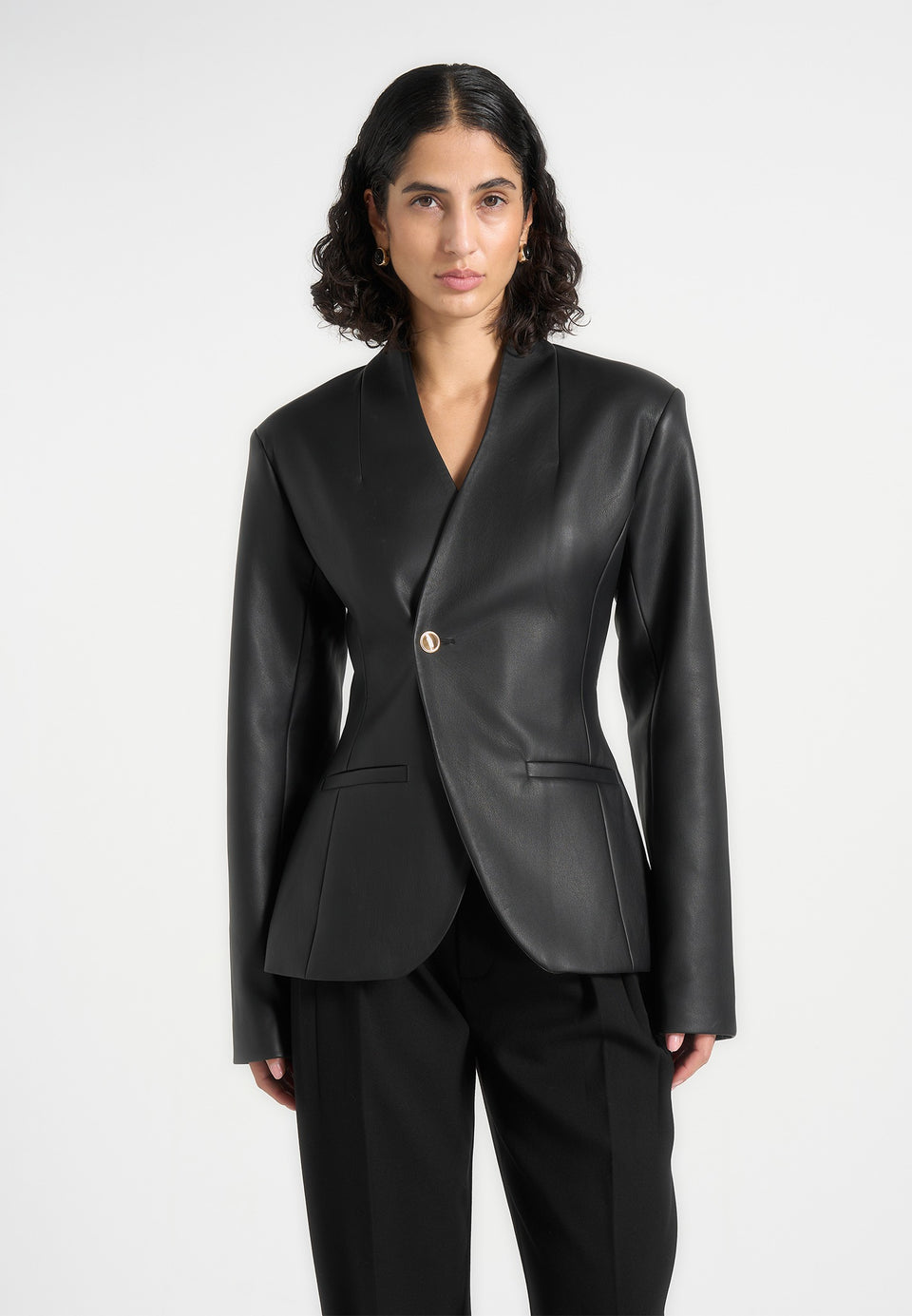 Ina - Leather Cinched Waist Kimono Blazer - Black