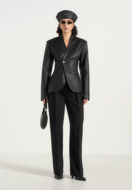 Ina - Leather Cinched Waist Kimono Blazer - Black
