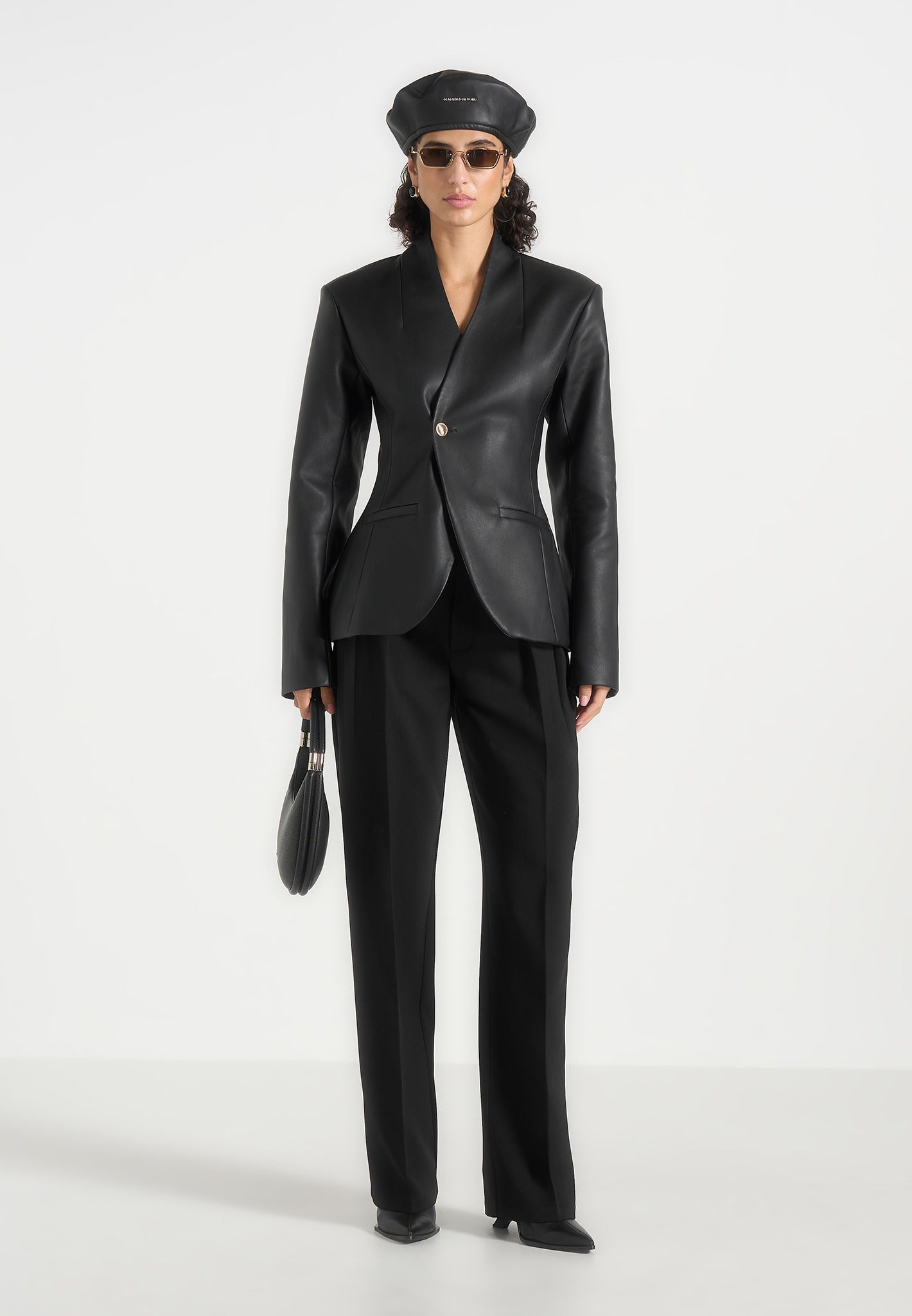 Ina - Leather Cinched Waist Kimono Blazer - Black