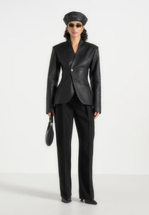 Ina - Leather Cinched Waist Kimono Blazer - Black