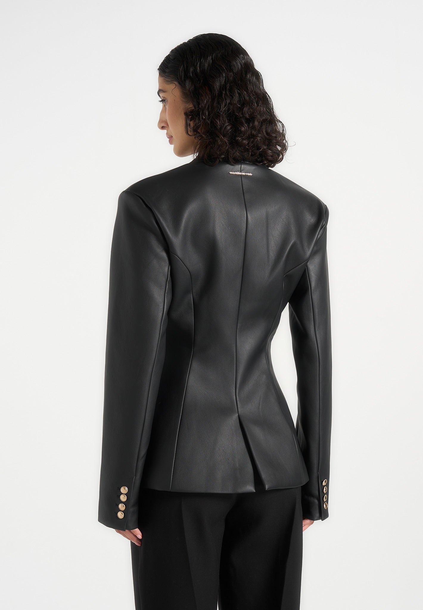 Ina - Leather Cinched Waist Kimono Blazer - Black