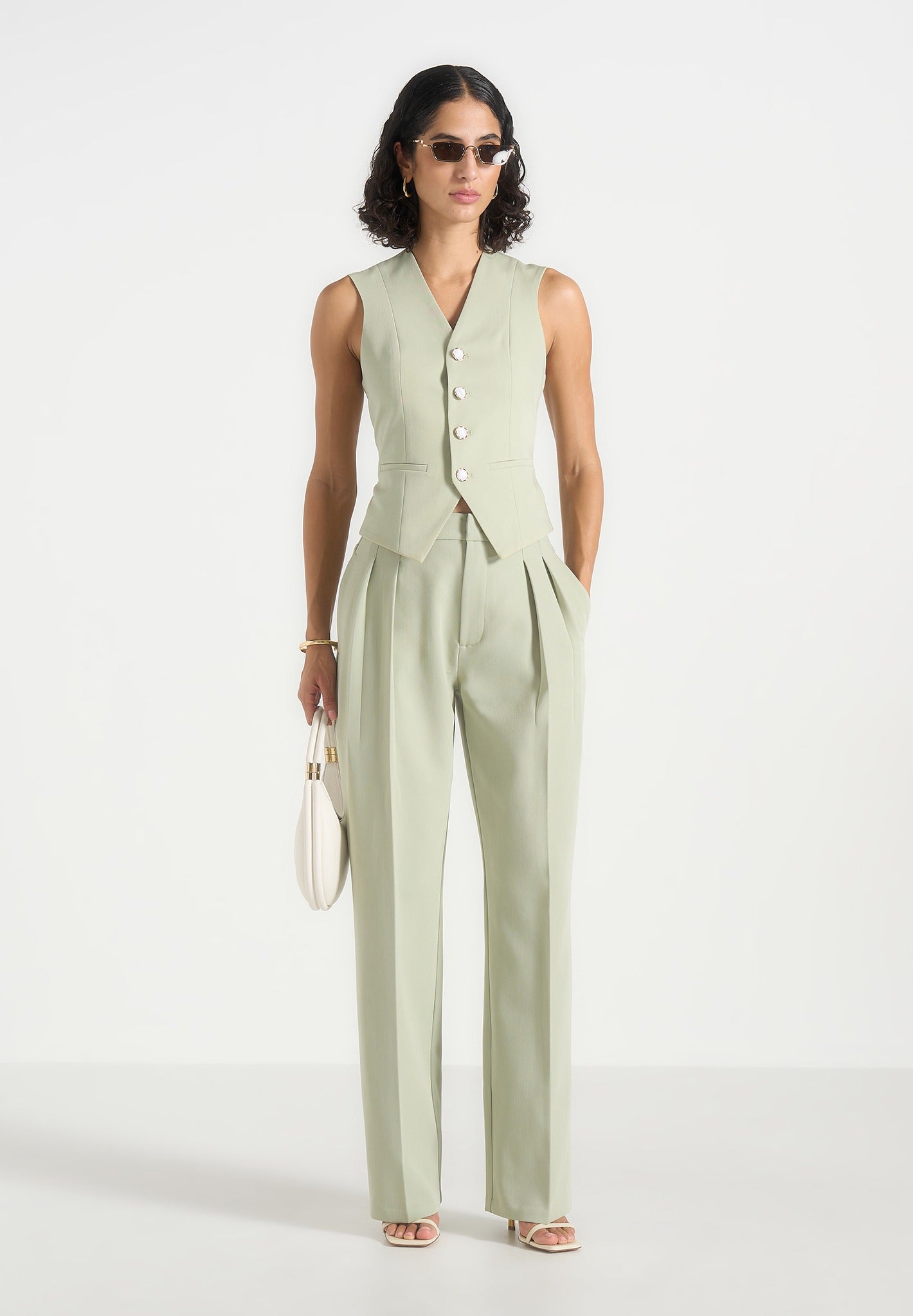 Julie - Tailored Twin Pleat Trousers - Sage