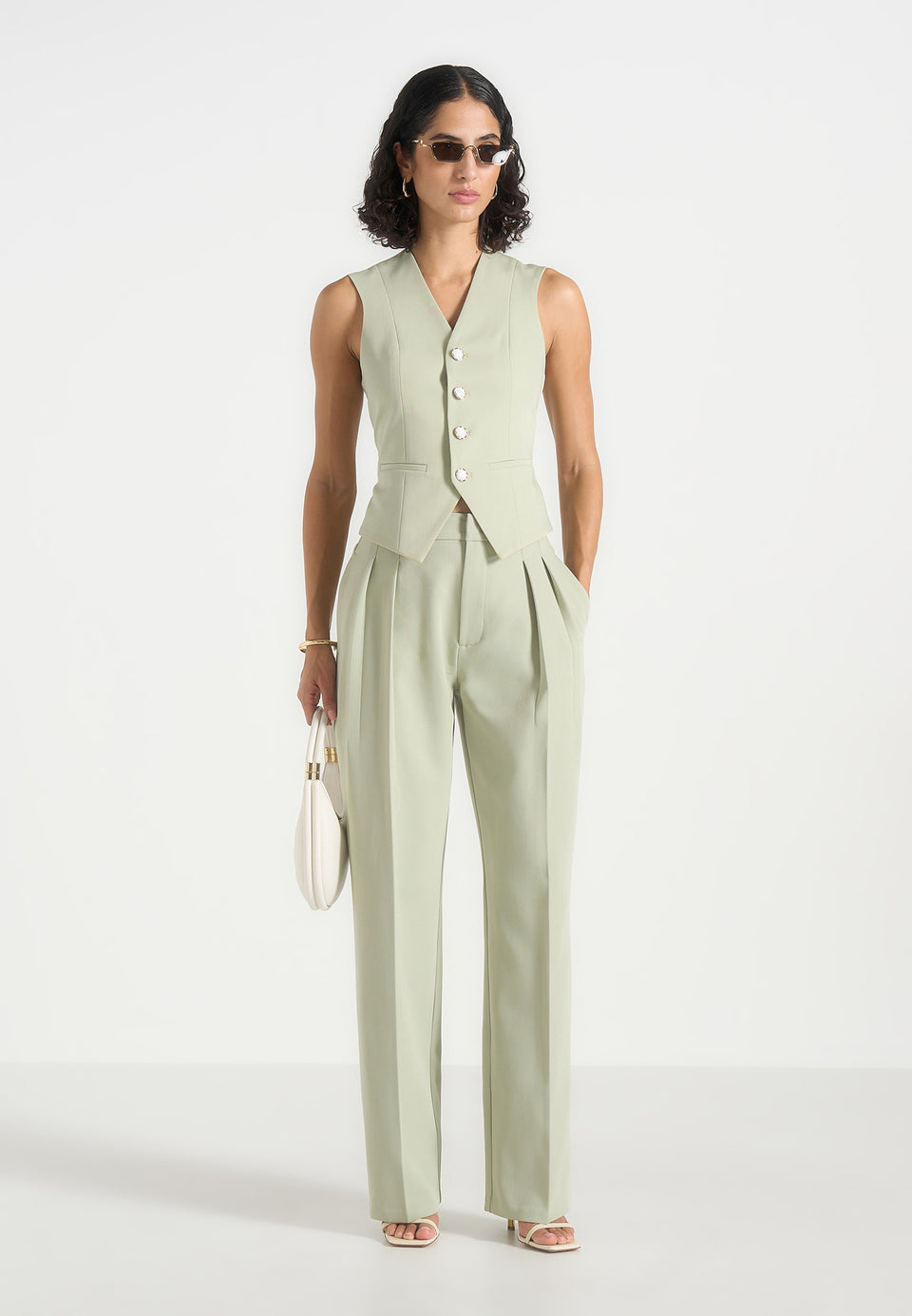 Julie - Tailored Twin Pleat Trousers - Sage
