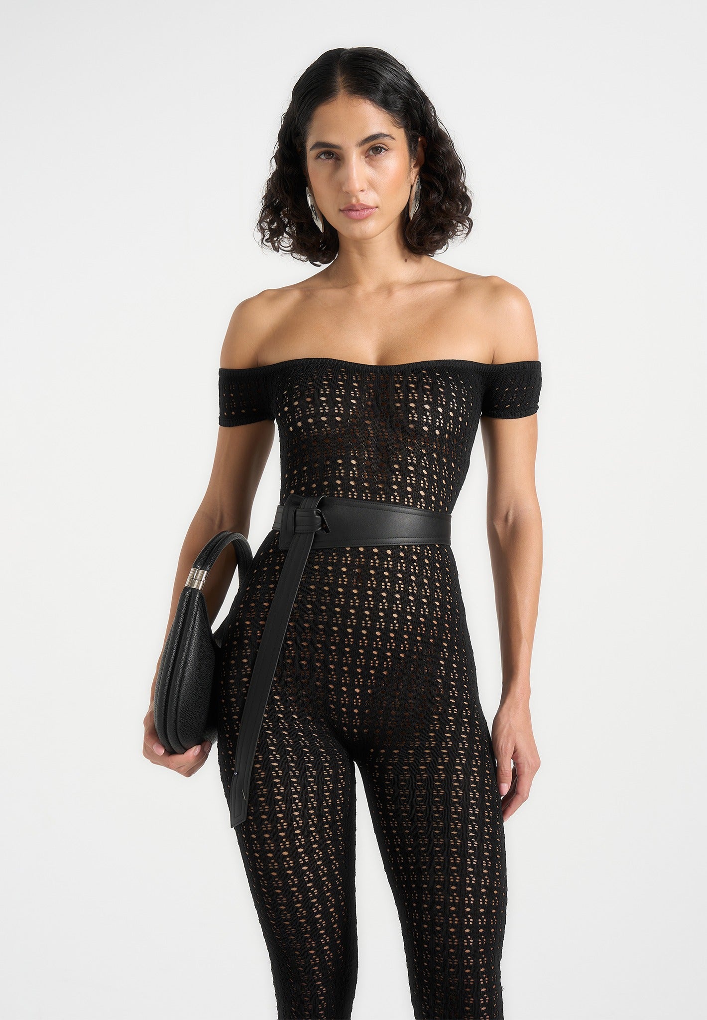 Martine - Pointelle Knit Bardot Jumpsuit with Belt - Black