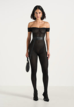 Martine - Pointelle Knit Bardot Jumpsuit with Belt - Black