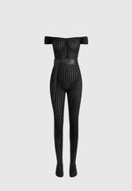 Martine - Pointelle Knit Bardot Jumpsuit with Belt - Black