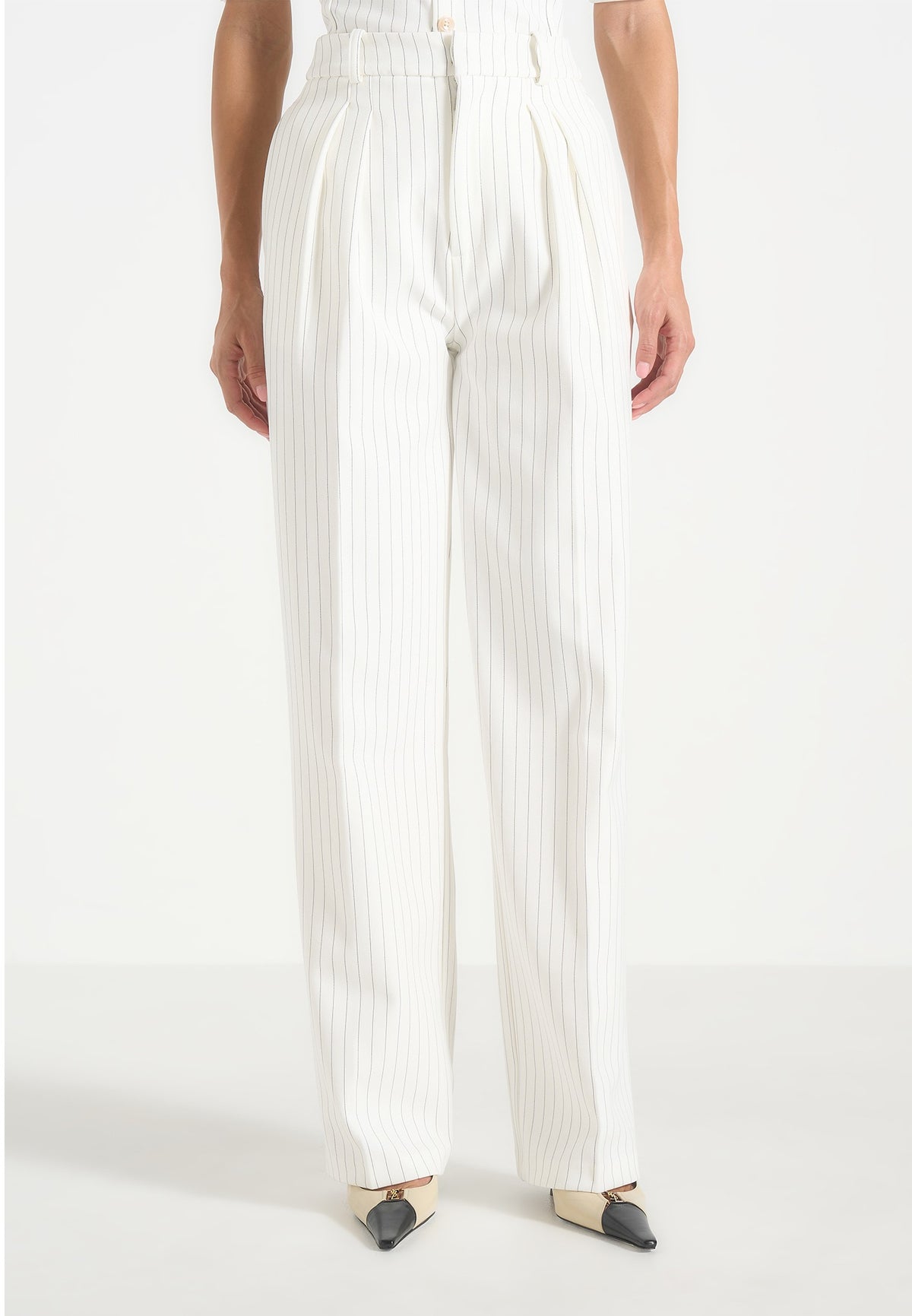 Julie - Pinstripe Twin Pleat Tailored Trousers - White