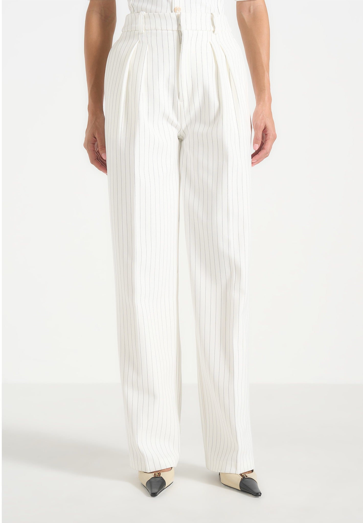 Julie - Pinstripe Twin Pleat Tailored Trousers - White