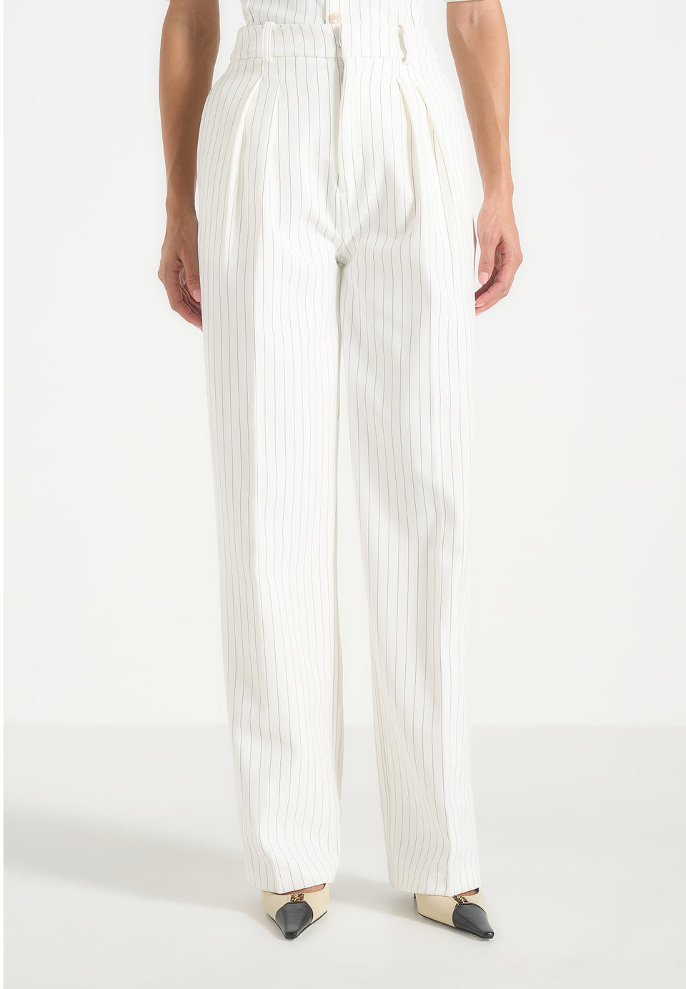 Julie - Pinstripe Twin Pleat Tailored Trousers - White