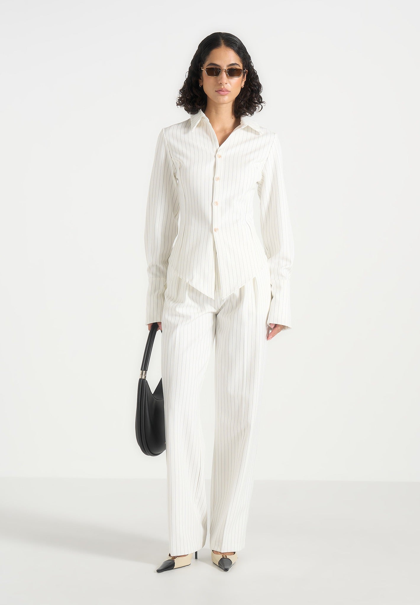 Julie - Pinstripe Twin Pleat Tailored Trousers - White
