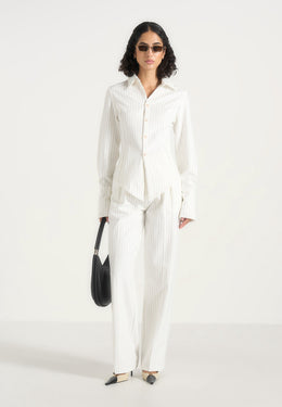 Julie - Pinstripe Twin Pleat Tailored Trousers - White
