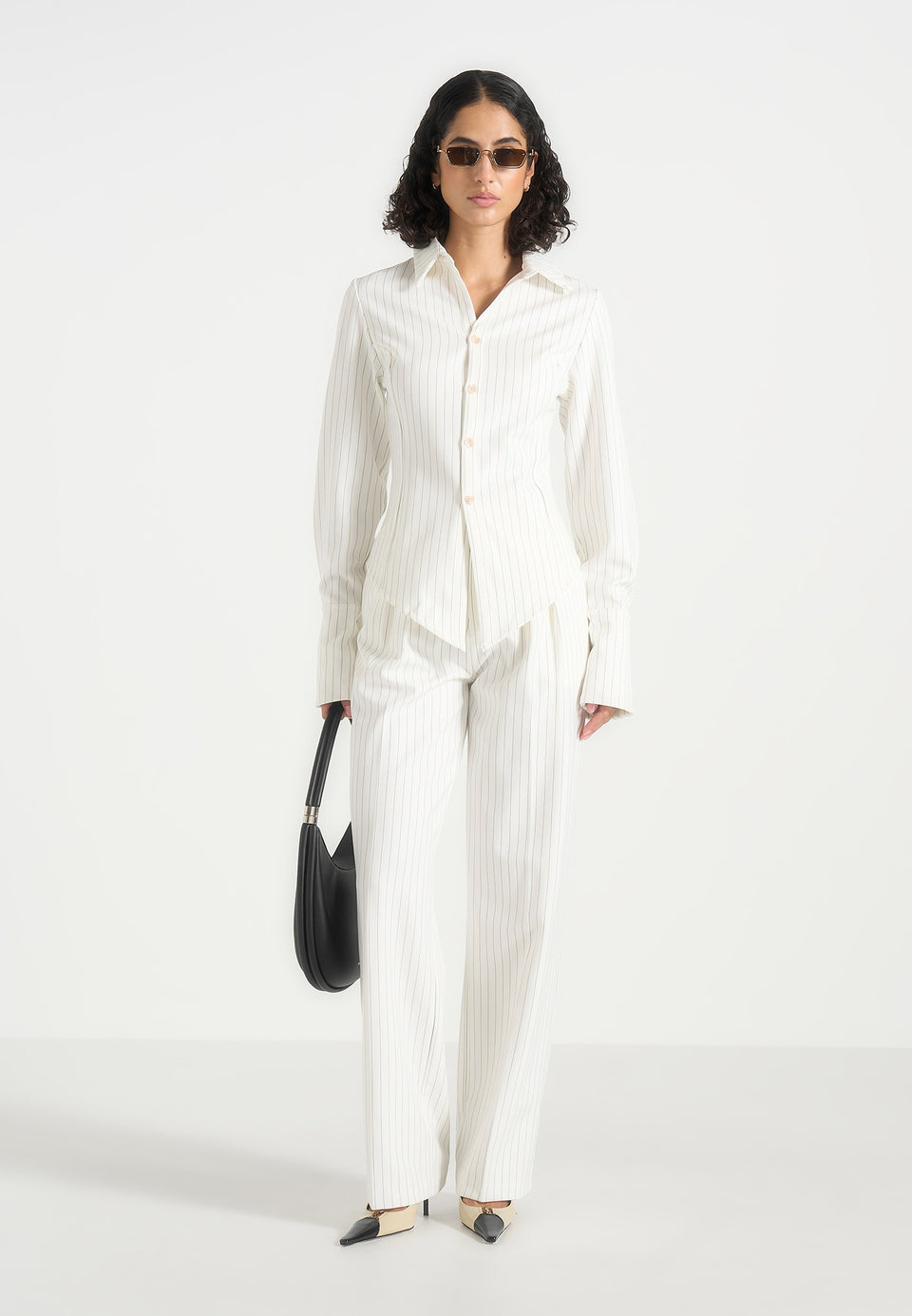 Julie - Pinstripe Twin Pleat Tailored Trousers - White