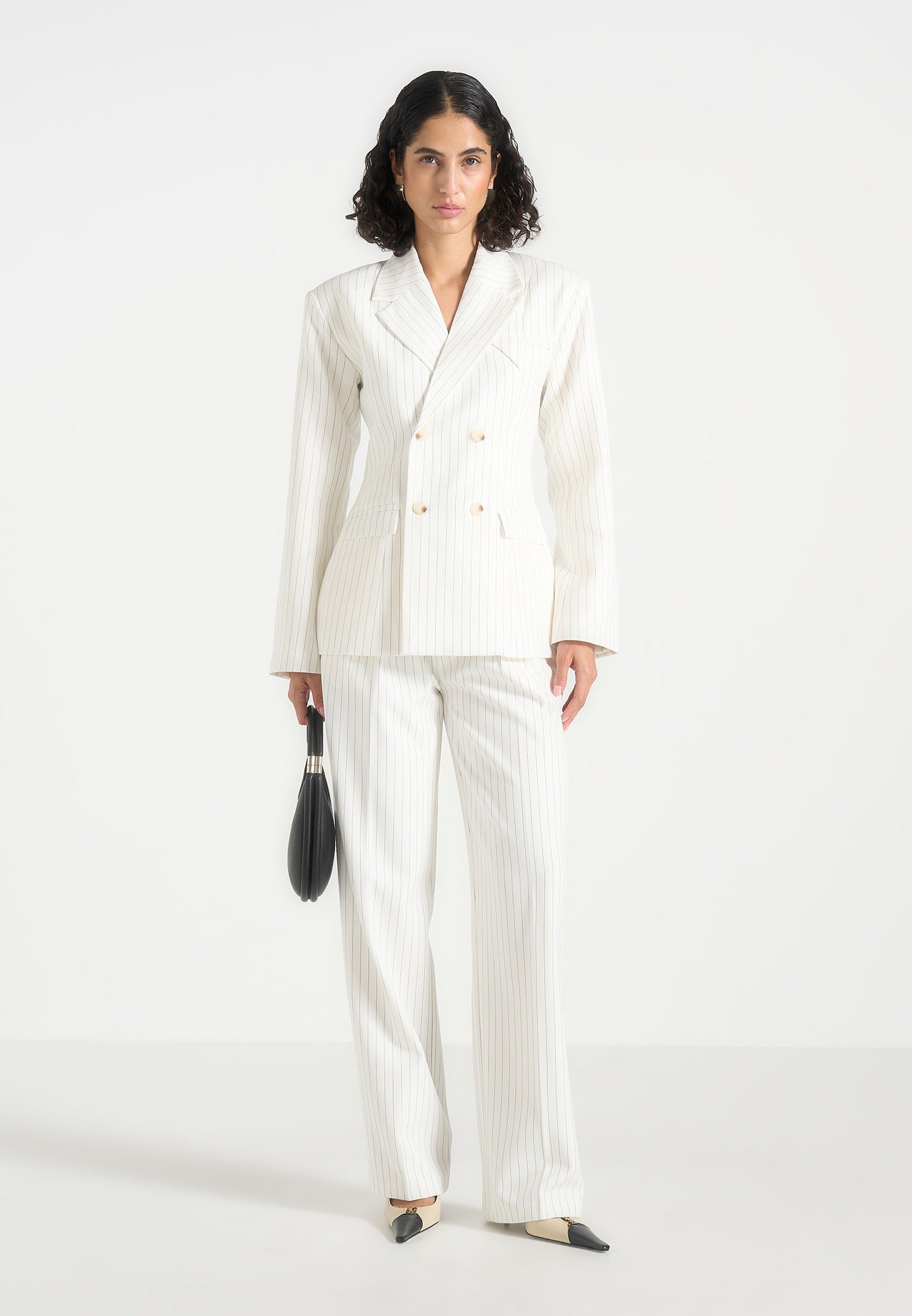 Julie - Pinstripe Twin Pleat Tailored Trousers - White