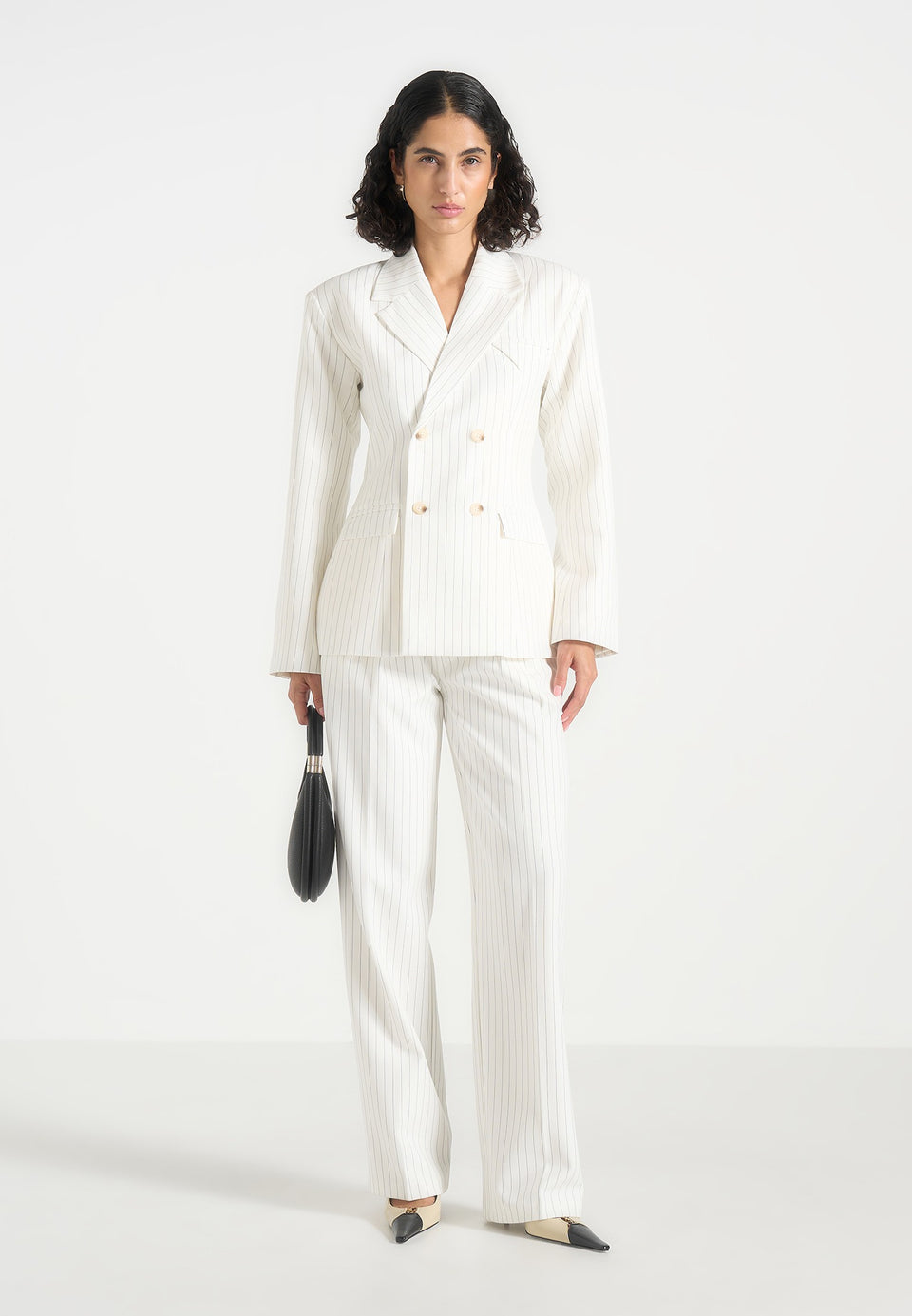 Julie - Pinstripe Twin Pleat Tailored Trousers - White