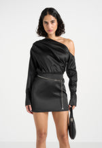 Off Shoulder Draped Satin Mini Dress with Belt - Black