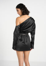 Off Shoulder Draped Satin Mini Dress with Belt - Black