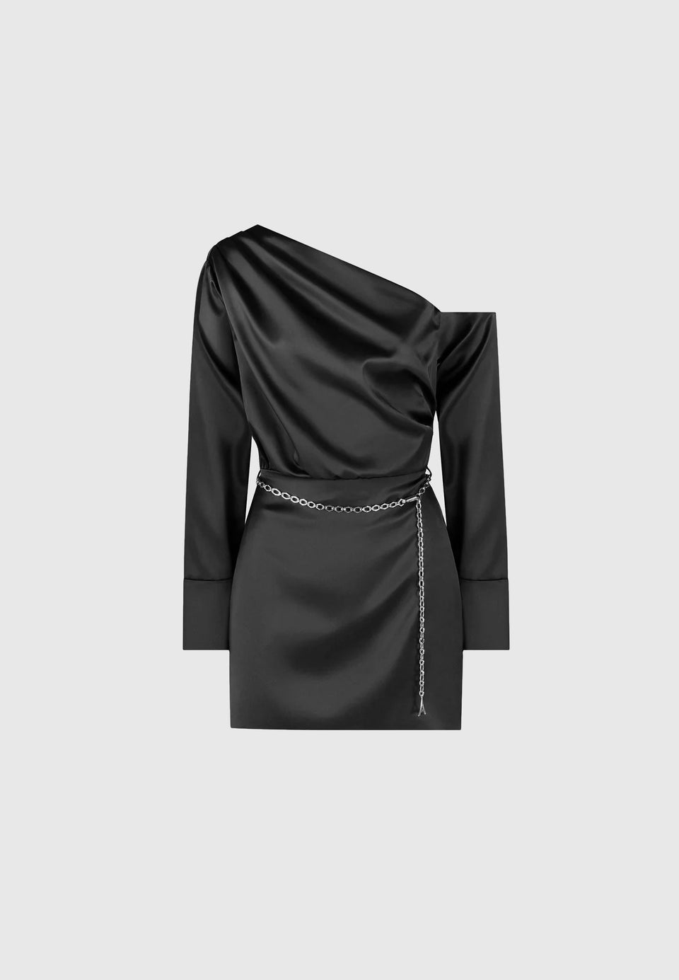 Off Shoulder Draped Satin Mini Dress with Belt - Black