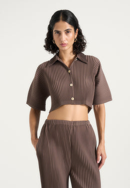 Mona - Cropped Pleated Short-Sleeve Shirt - Brown