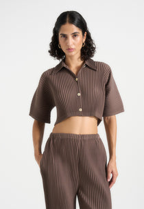 Mona - Cropped Pleated Short-Sleeve Shirt - Brown