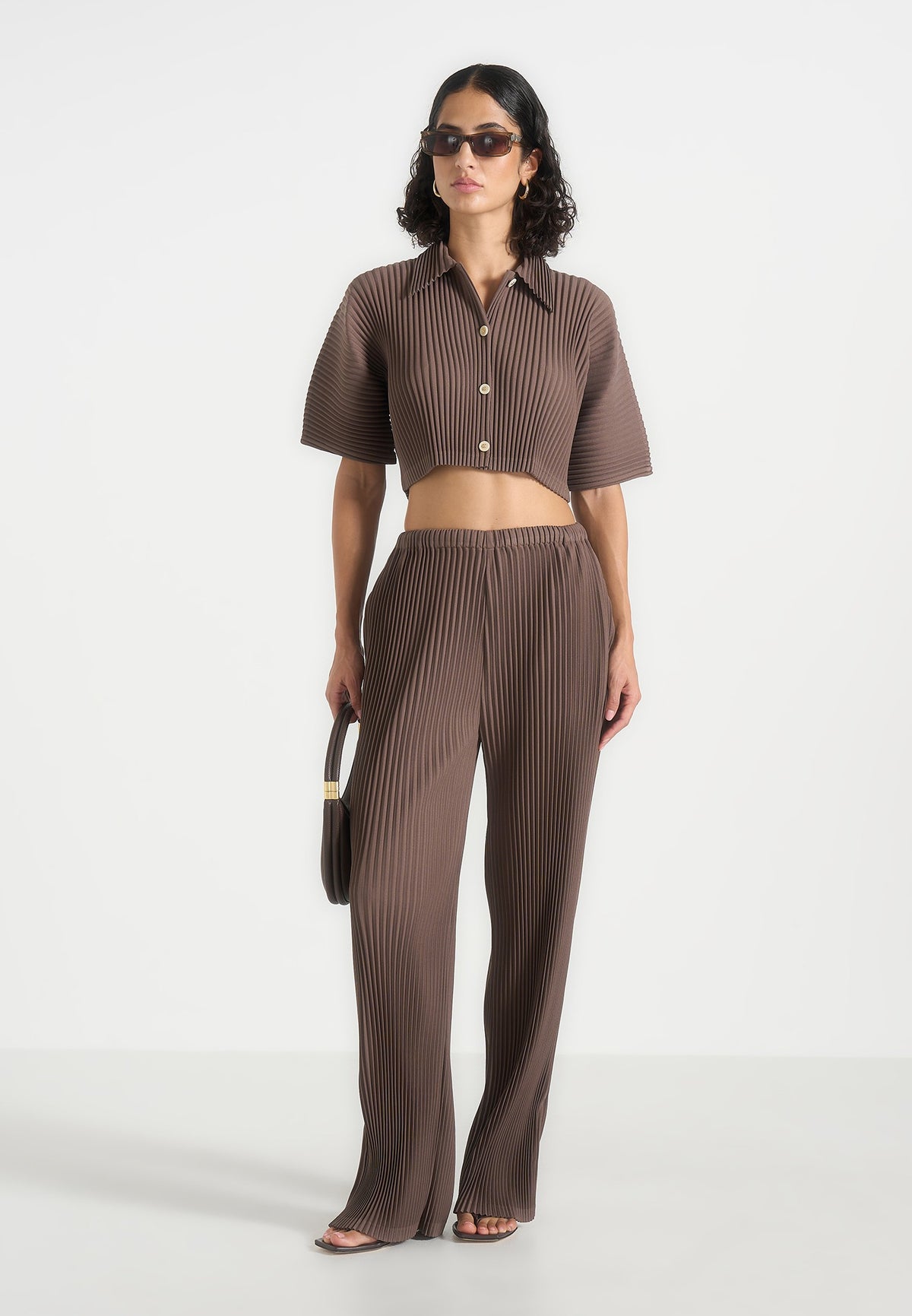 Mona - Cropped Pleated Short-Sleeve Shirt - Brown