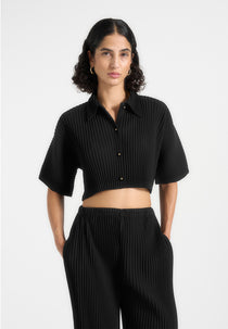Mona - Cropped Pleated Short-Sleeve Shirt - Black