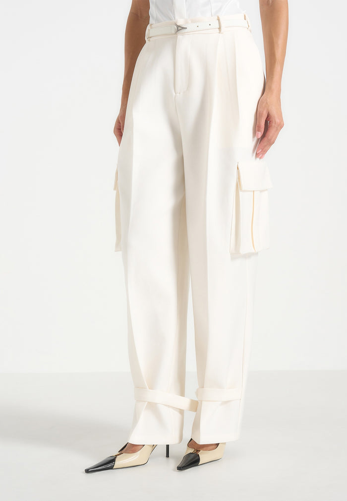 Danielle - Tailored Pleated Cargo Trousers - Off White