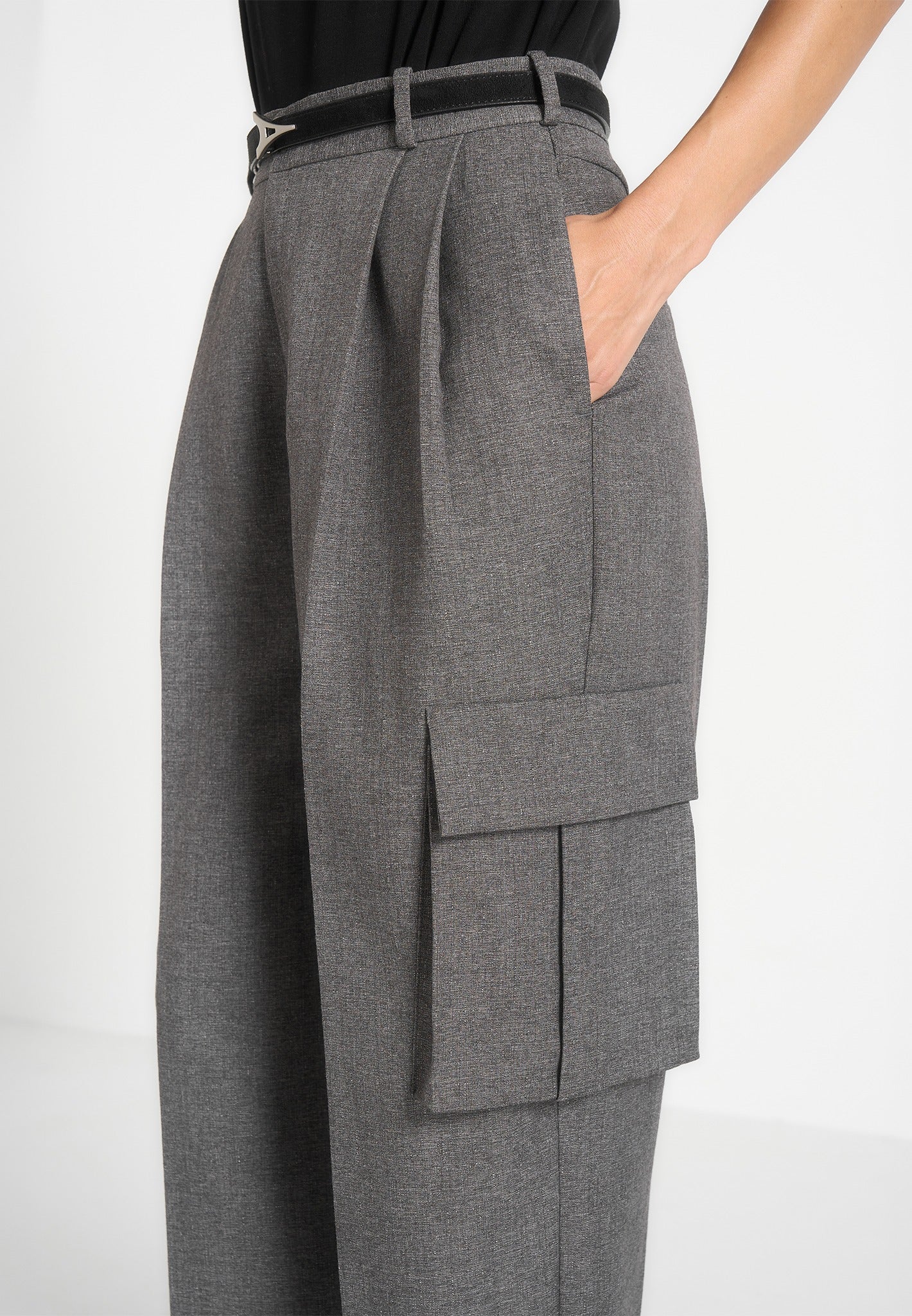 Danielle - Tailored Pleated Cargo Trousers - Grey Marl