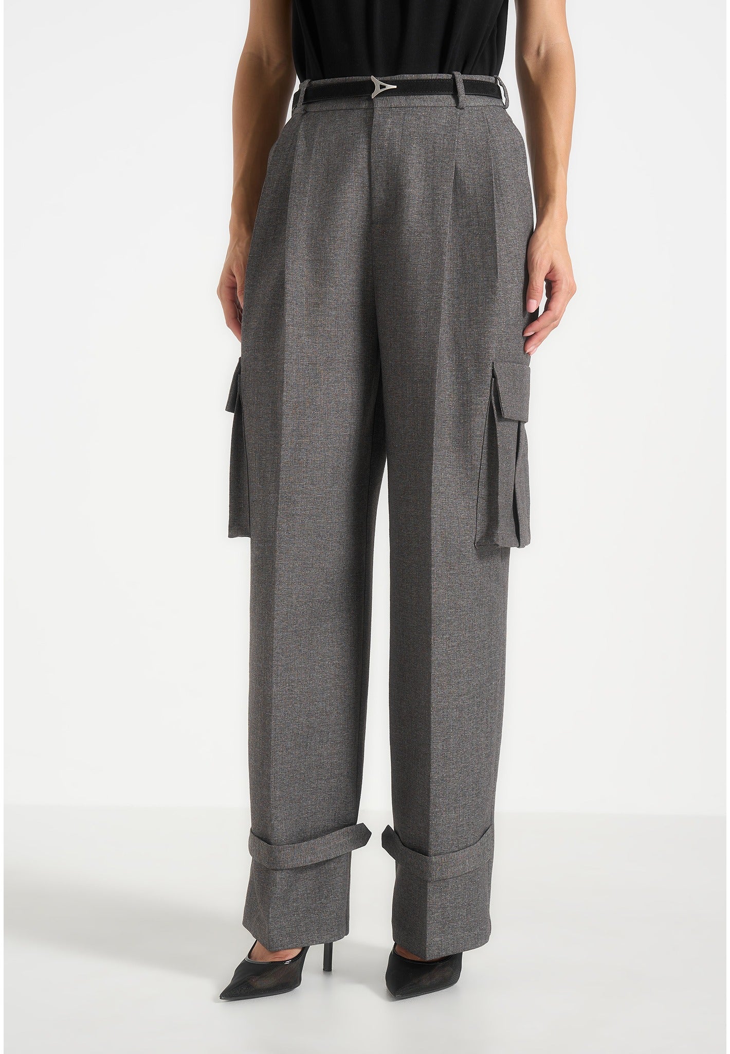 Danielle - Tailored Pleated Cargo Trousers - Grey Marl