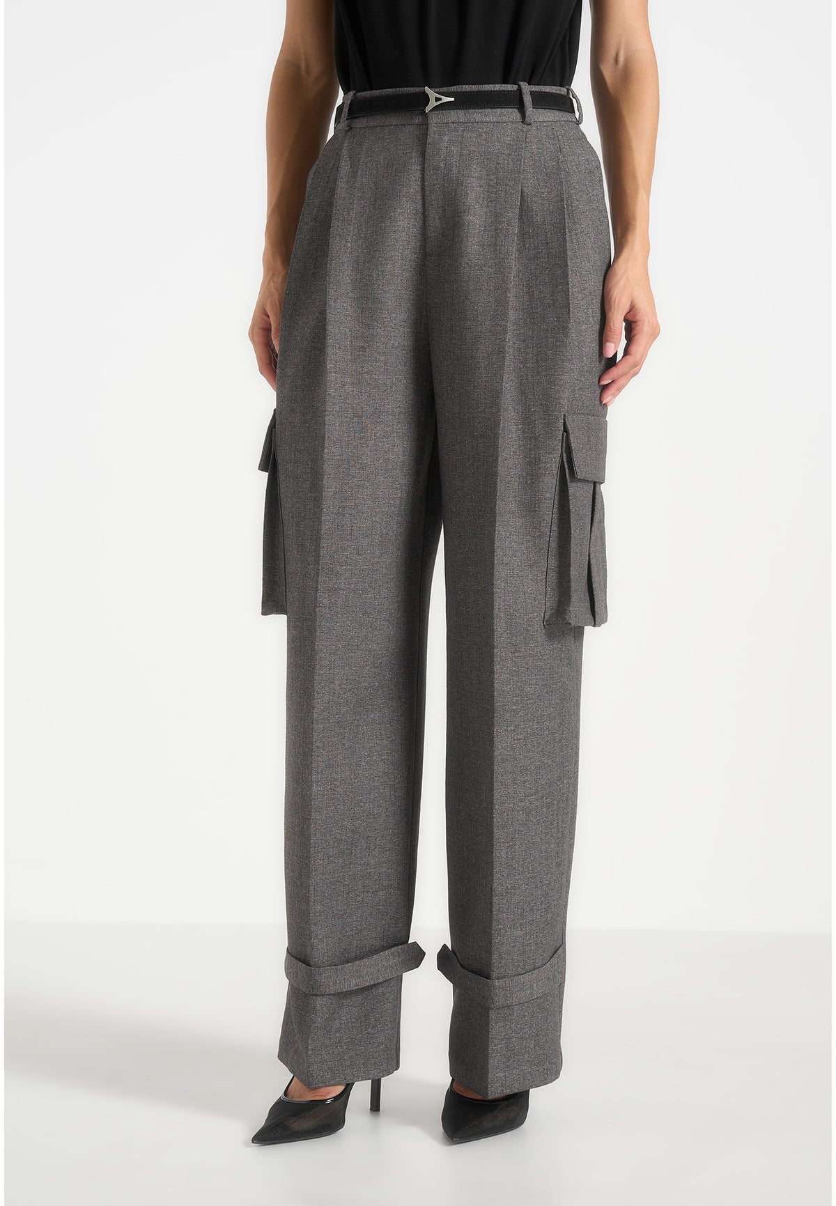 Danielle - Tailored Pleated Cargo Trousers - Grey Marl