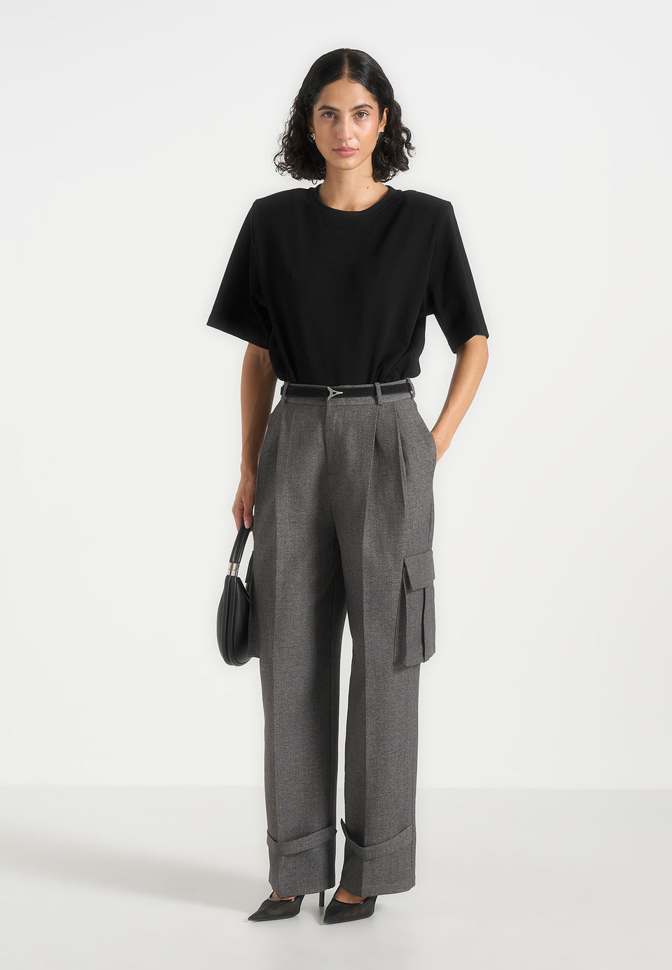 Danielle - Tailored Pleated Cargo Trousers - Grey Marl