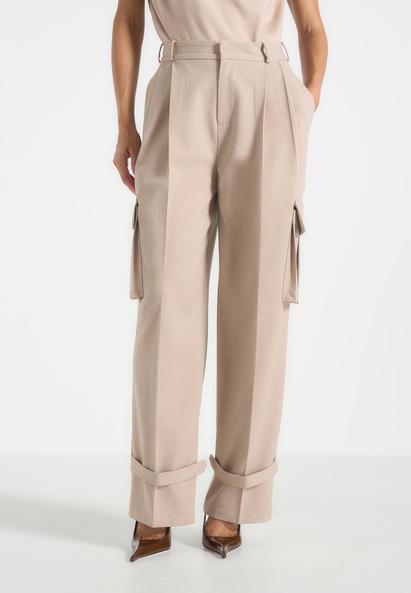Danielle - Tailored Pleated Cargo Trousers - Beige