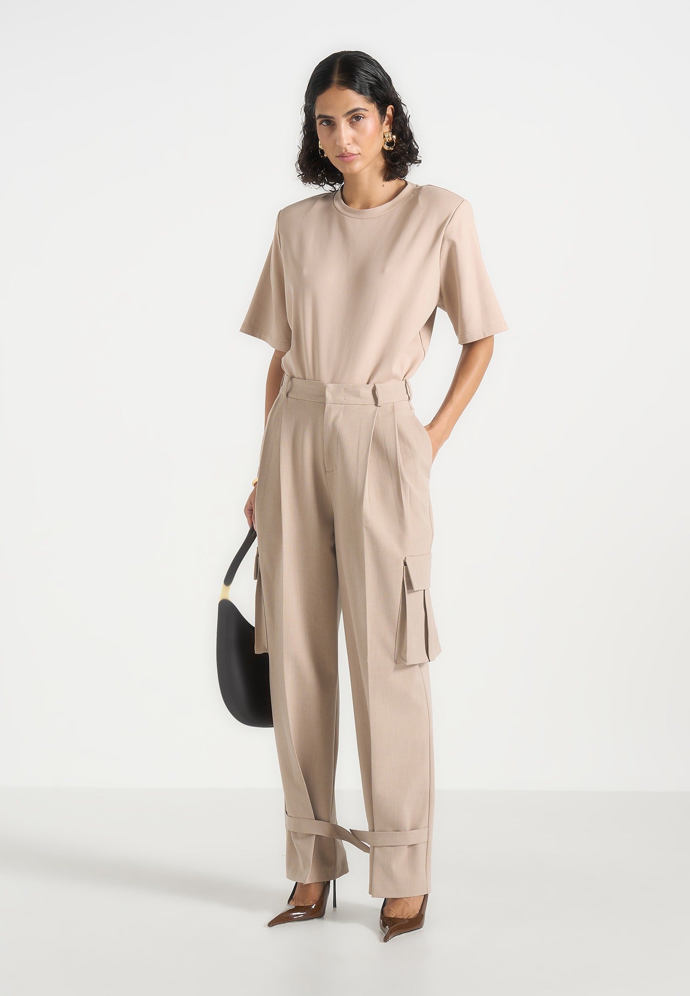 Danielle - Tailored Pleated Cargo Trousers - Beige