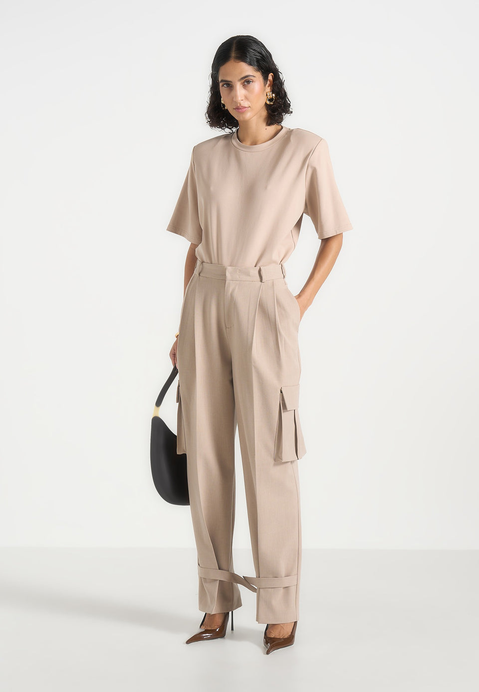 Danielle - Tailored Pleated Cargo Trousers - Beige
