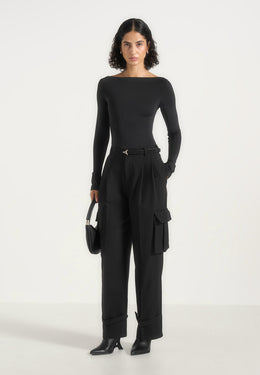 Danielle - Tailored Pleated Cargo Trousers - Black