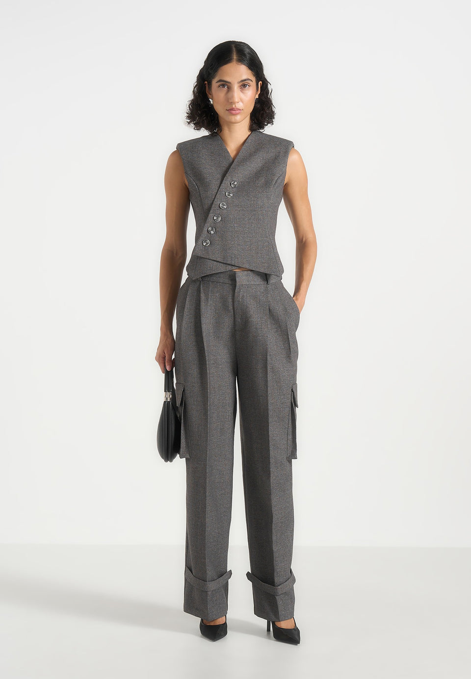 Laurence - Tailored Asym Wrap Waistcoat - Grey Marl