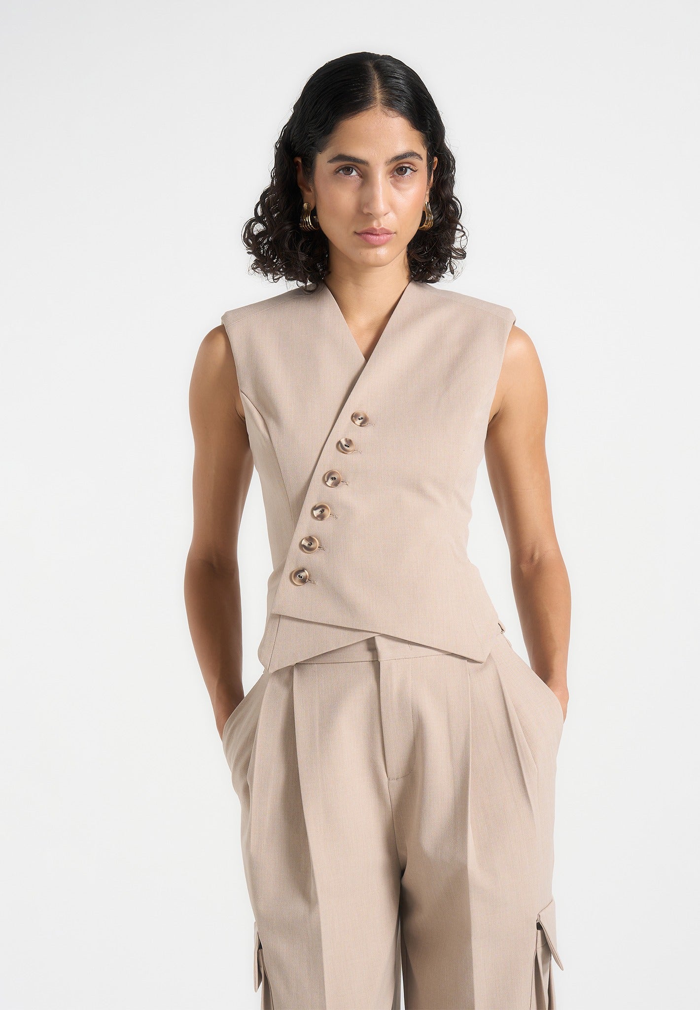 Laurence - Tailored Asym Wrap Waistcoat - Beige