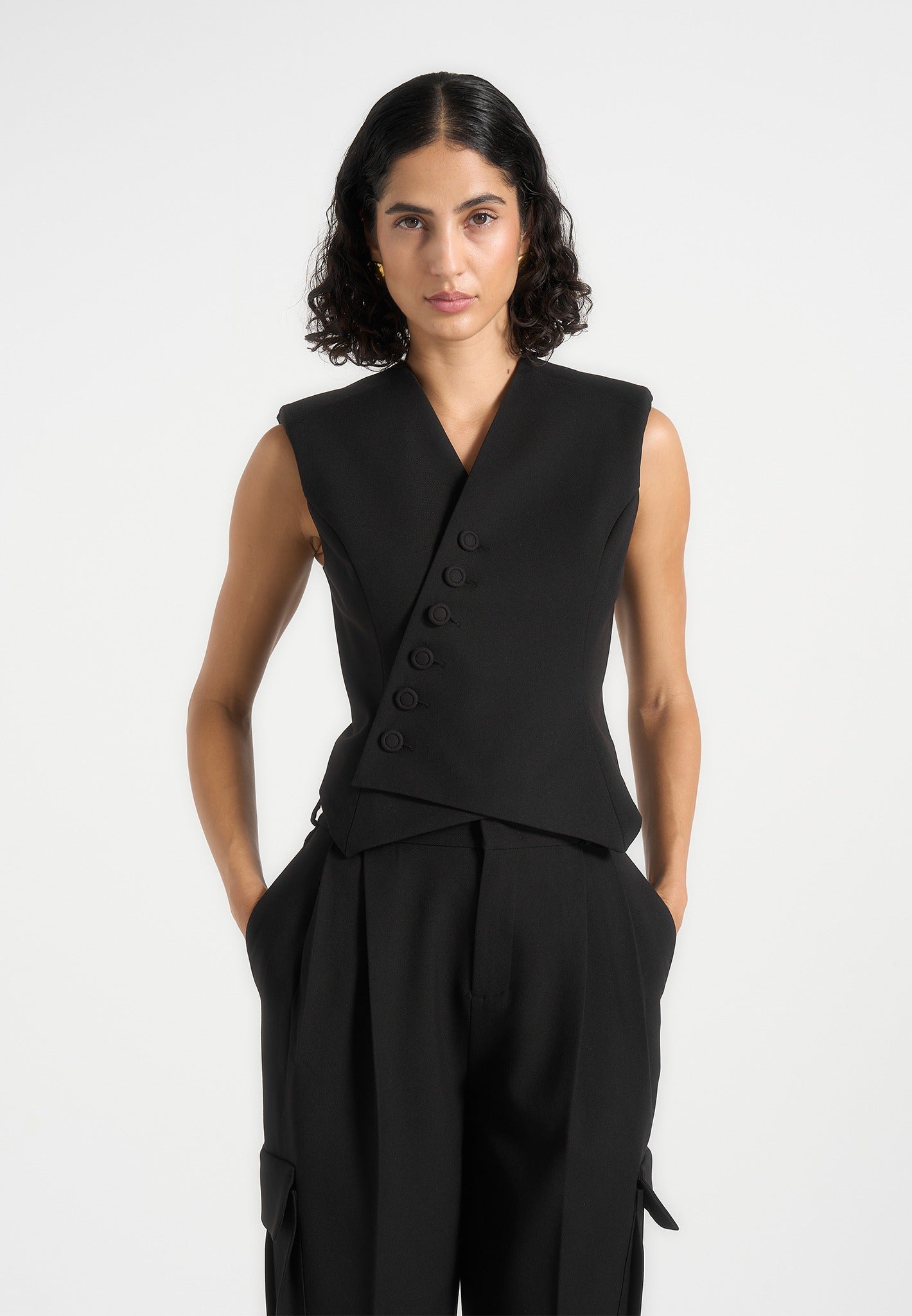 Laurence -  Tailored Asym Wrap Waistcoat - Black