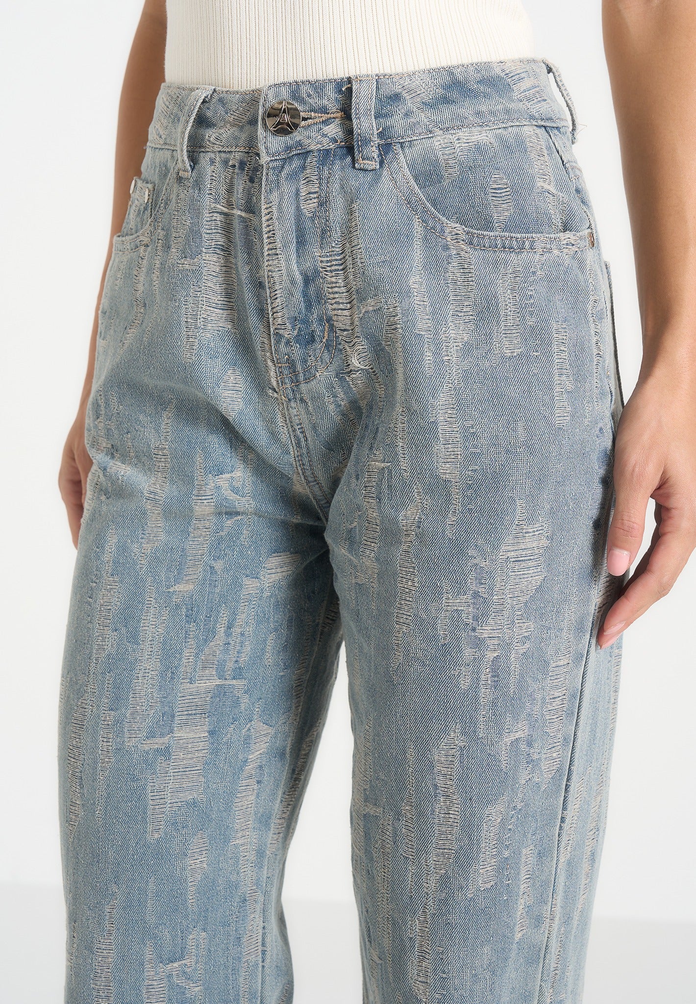 Posie - Distressed High Rise Straight Leg Jeans - Mid Blue