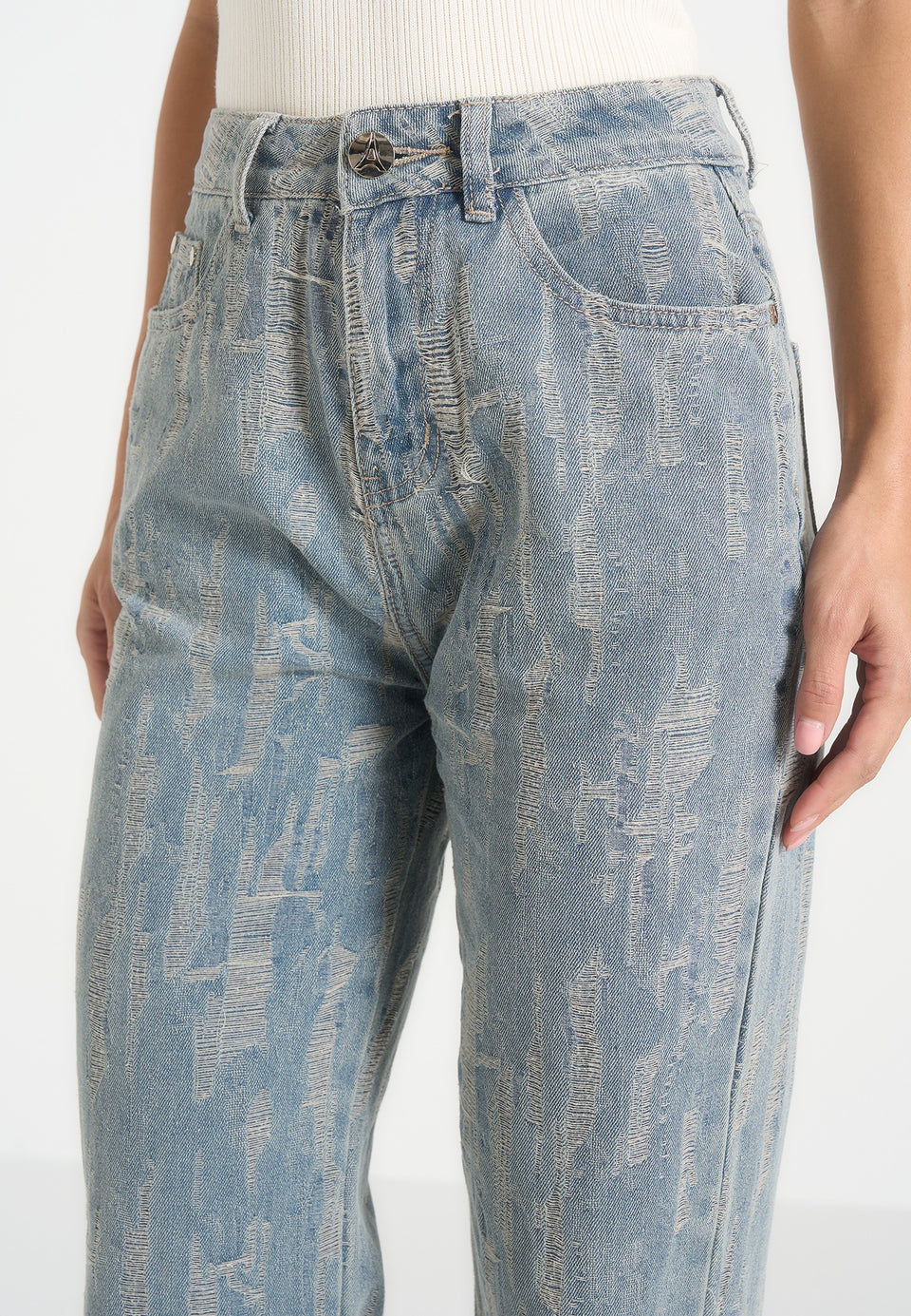 Posie - Distressed High Rise Straight Leg Jeans - Mid Blue