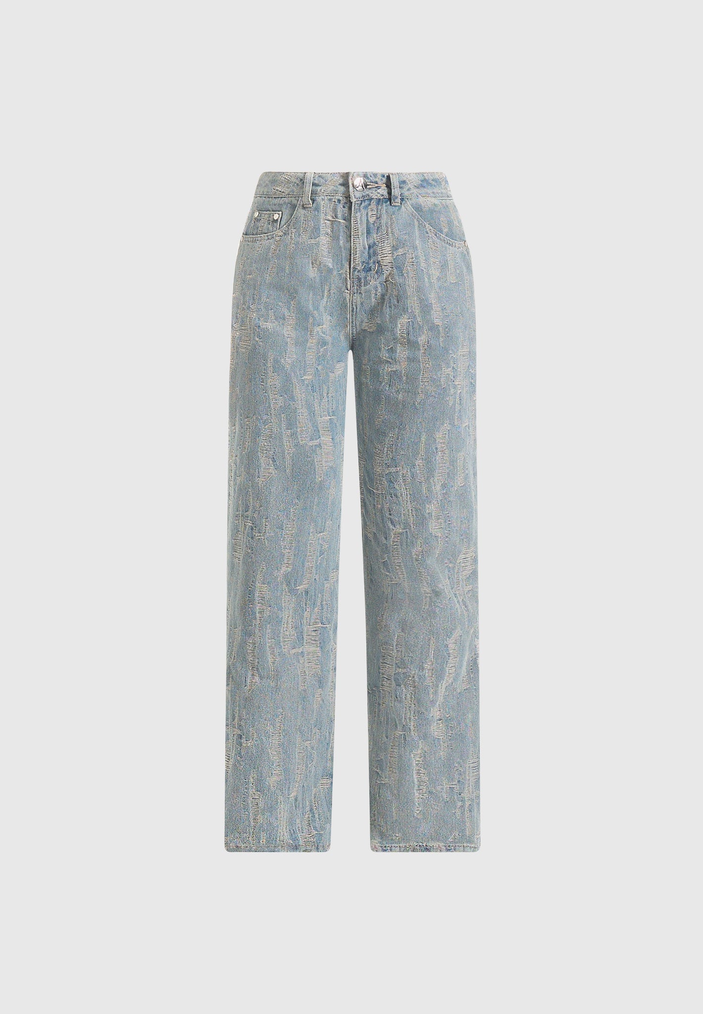 Posie - Distressed High Rise Straight Leg Jeans - Mid Blue