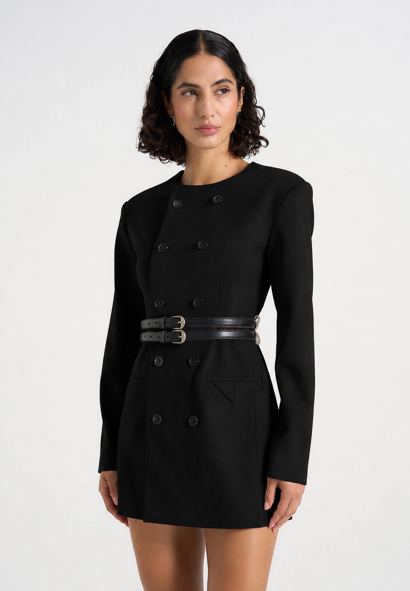 Sierra - Double Breasted Belted Blazer Dress - Black 