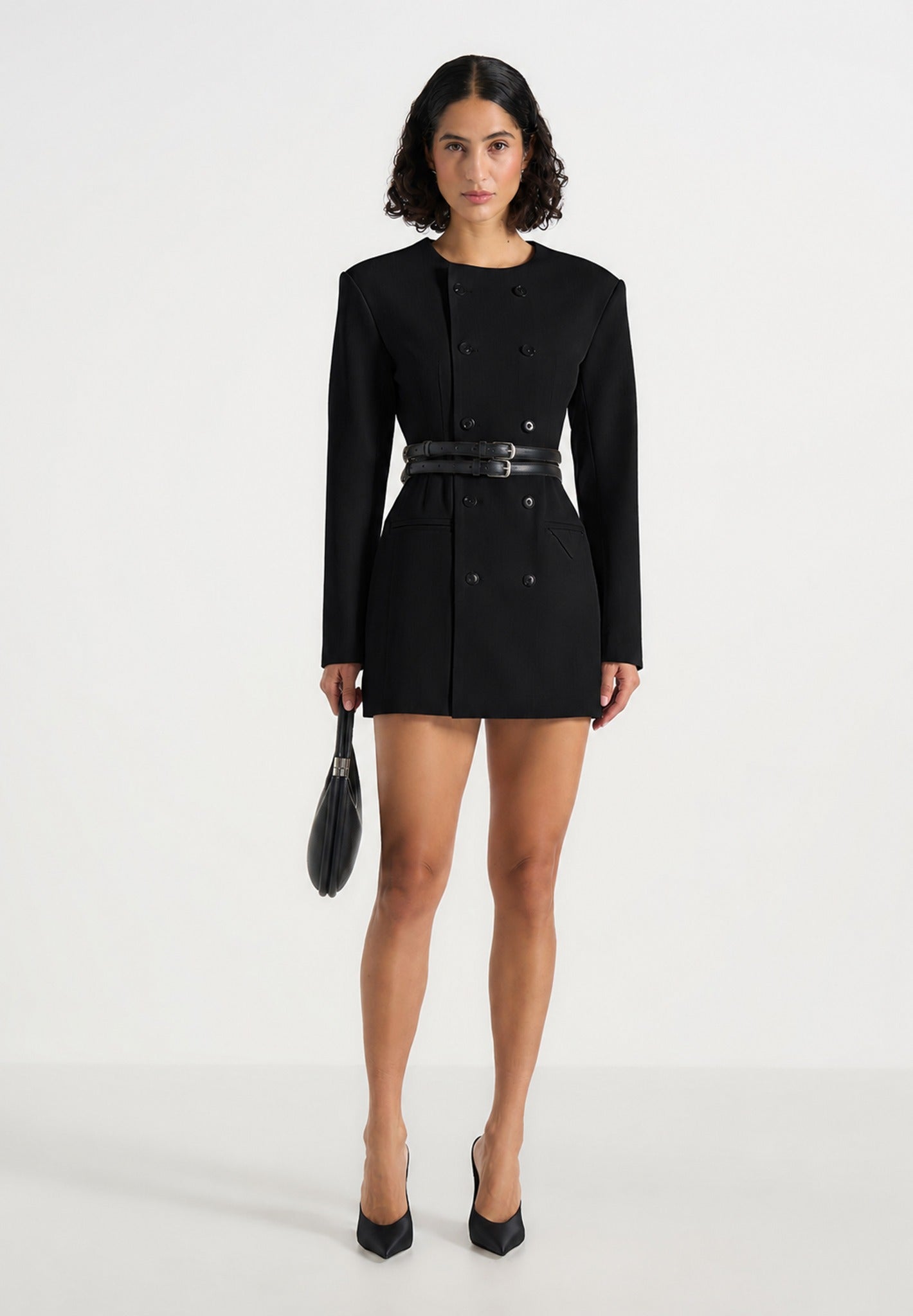 Sierra - Double Breasted Belted Blazer Dress - Black 