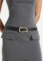 Tabitha - Tailored Pinstripe Bandeau Belted Maxi Dress - Grey