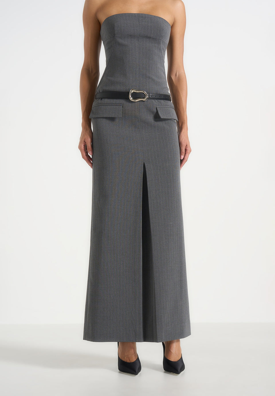 Tabitha - Tailored Pinstripe Bandeau Belted Maxi Dress - Grey