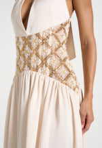 Ava - Halterneck Embellished Corset Gathered Maxi Dress - Cream