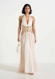 Ava - Halterneck Embellished Corset Gathered Maxi Dress - Cream