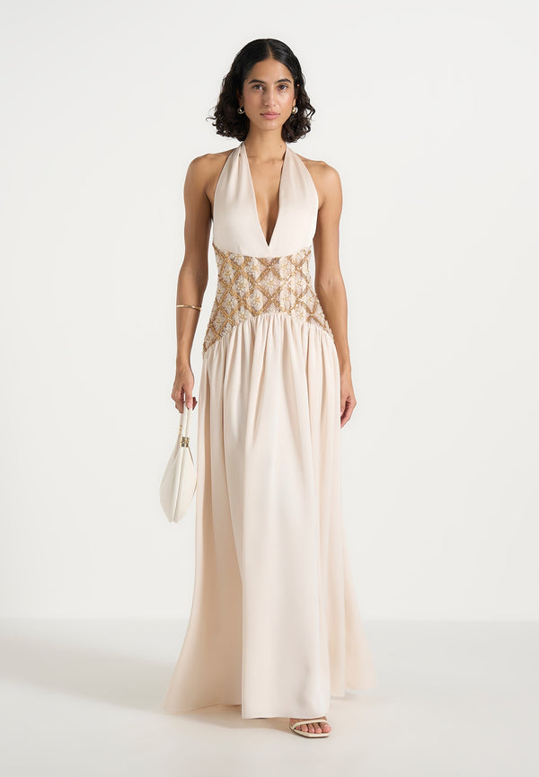 Ava - Halterneck Embellished Corset Gathered Maxi Dress - Cream