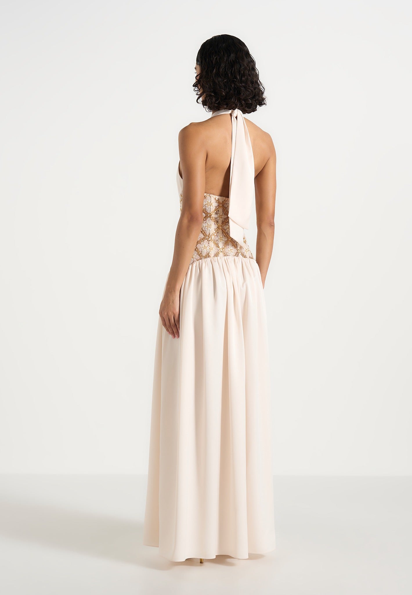Ava - Halterneck Embellished Corset Gathered Maxi Dress - Cream